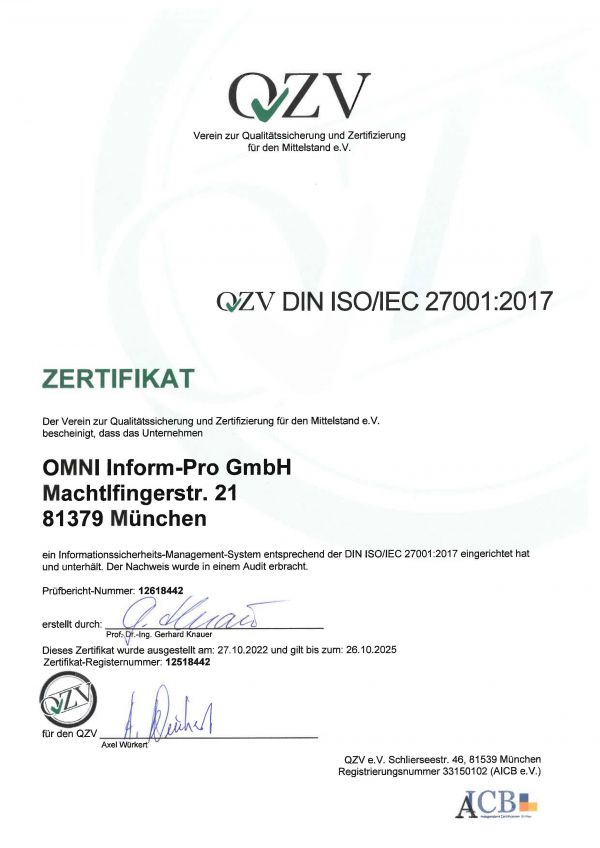 Grafik der Zertifizierungsurkunde für die ISO 27001