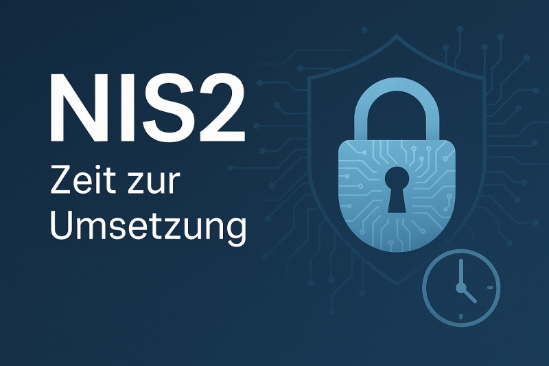 dunkelblaues Rechteck mit einem geschlossenem Schloss und deiner Uhr und dem Text NIS2, Zeit für Umsetzung